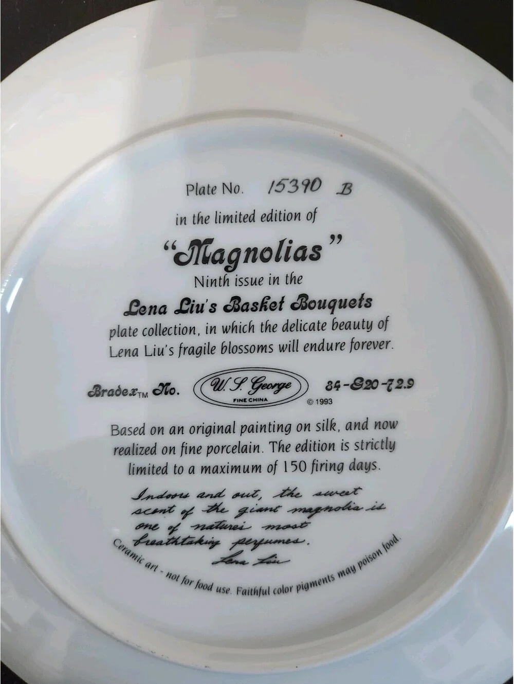 W.S. George Lena Liu Basket Bouquets Magnolias Limited Edition Porcelain Plate